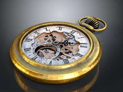 Gold Pocket Watch With Roman Numeral Dial And Intricate Gear Mechanism 3d model