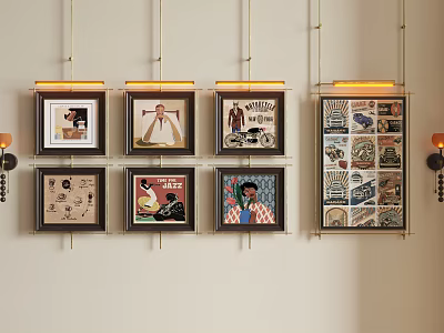 Abstract Paintings Framed Wall Art Display With Decorative Lighting And Vintage Design 3d model