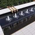 Garden Ornament Design With Fountains Green Plants And Stone Pavement