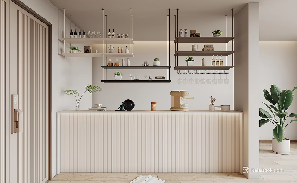Modern Interior Design With Wall Mounted Open Shelving Units Holding Glassware And Plants 3d model 