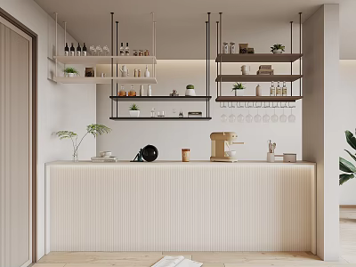 Modern Interior Design With Wall Mounted Open Shelving Units Holding Glassware And Plants 3d model