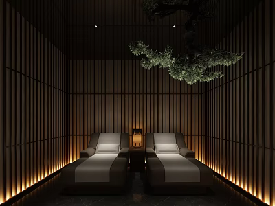 Spa Sauna Room With Wooden Slat Walls Warm Lighting And Loungers 3d model