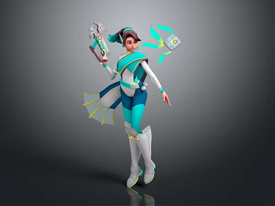 Sci Fi Biomechanical Character Wearing Blue White Outfit Holding Green Glowing Weapon And Back Wings 3d model
