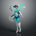 Sci Fi Biomechanical Character Wearing Blue White Outfit Holding Green Glowing Weapon And Back Wings