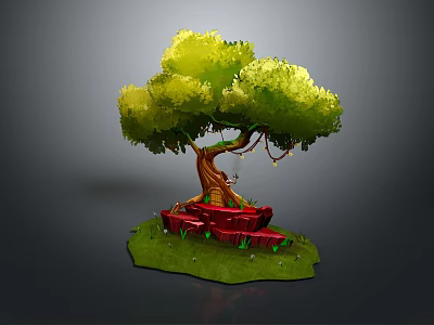 Lush Green Tree With Brown Trunk Red Root Structure And Green Grass Base 3d model