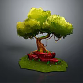 Lush Green Tree With Brown Trunk Red Root Structure And Green Grass Base 3d model