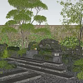 Japanese Garden Design With Stone Rocks Wooden Lantern Fence Steps And Green Trees