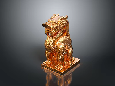 Golden Kylin Statue With Traditional Chinese Style Intricate Carvings Square Base Shiny Surface Dark Background 3d model