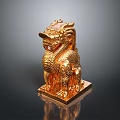 Golden Kylin Statue With Traditional Chinese Style Intricate Carvings Square Base Shiny Surface Dark Background
