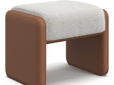 Modern Minimalist Upholstered Stool With Brown Leather Frame And Soft Light Boucle Fabric Seat 3d model