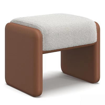 Modern Minimalist Upholstered Stool With Brown Leather Frame And Soft Light Boucle Fabric Seat 3d model