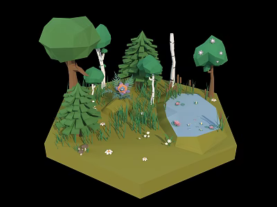 Cartoon Forest Scene with Green Trees Small Pond Lush Grass and Colorful Flowers 3d model
