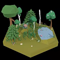 Cartoon Forest Scene with Green Trees Small Pond Lush Grass and Colorful Flowers