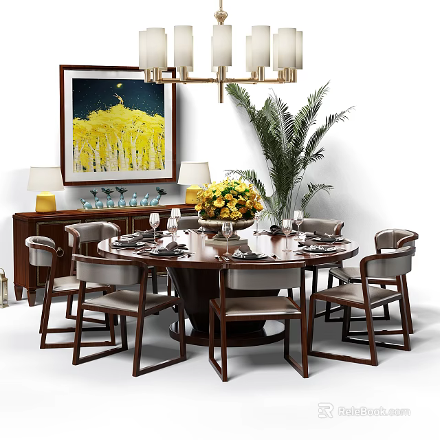 Elegant Round Dining Table Set With Chairs Yellow Flowers Tableware And Chandelier 3d model