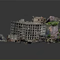 Damaged Building Structure With Collapsed Facade Debris And Surrounding Green Vegetation Terrain 3d model