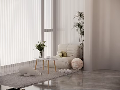 Light Colored Lounge Chair by Window with White Blinds Coffee Table Green Plants and Rug 3d model