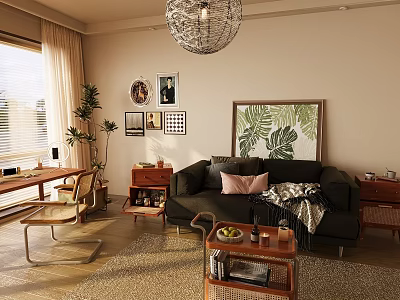 Cozy Living Room Interior With Black Sofa Green Plant Painting And Pink Cushion 3d model