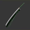 Sword With Green Scabbard And Shiny Metal Blade On Reflective Dark Surface