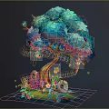 Vibrant Tree with Turquoise Pink Leaves Orange Trunk and Small Stones Green Plants Around