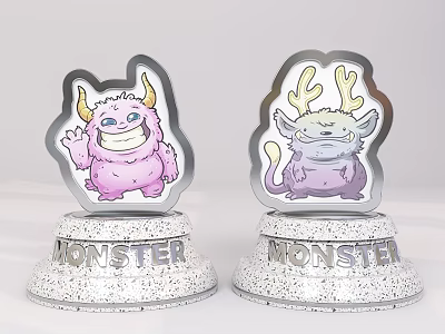 Two Cute Monster Figurines With Pink Purple Designs And Silver Speckled MONSTER Bases 3d model