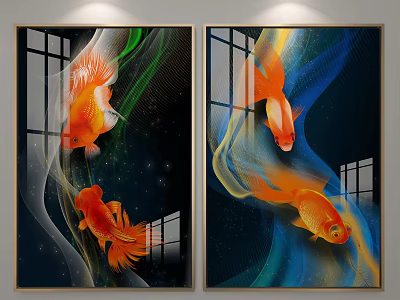 Vibrant Goldfish Decorative Paintings With Window Background And Flowing Colorful Lines 3d model