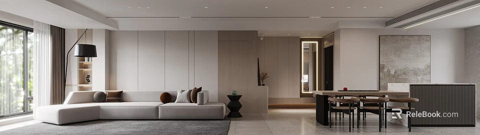 Modern Living and Dining Room Interior Design With Sofa Coffee Table And Dining Setup 3d model