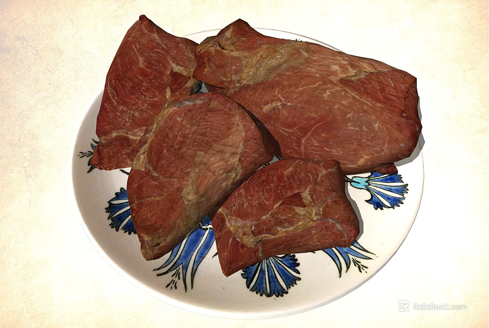 Freshly Cooked Meat Pieces Served On Blue And White Patterned Plate 3d model 