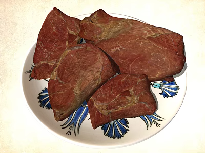 Freshly Cooked Meat Pieces Served On Blue And White Patterned Plate 3d model