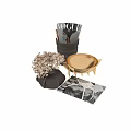 Modern Decorative Ornament Set With Black Vase White Flowers And Gold Metal Accents