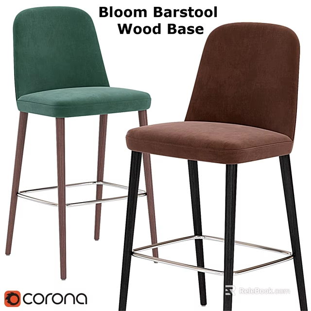 Green and Brown Velvet Bar Stools with Upholstered Seats and Metal Footrests 3d model 
