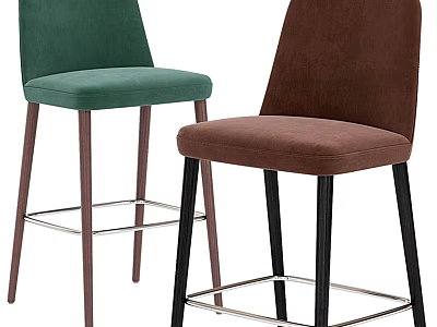Green and Brown Velvet Bar Stools with Upholstered Seats and Metal Footrests 3d model