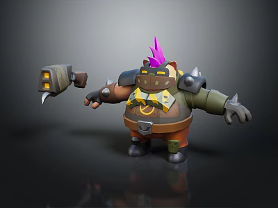 Muscular Game Movie Character With Purple Spiked Hair Metal Spiked Armor And Large Hammer 3d model