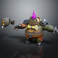 Muscular Game Movie Character With Purple Spiked Hair Metal Spiked Armor And Large Hammer