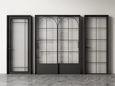 Modern Black Framed Sliding Doors With Glass Designs Arched Grid And Vertical Striped Panels 3d model