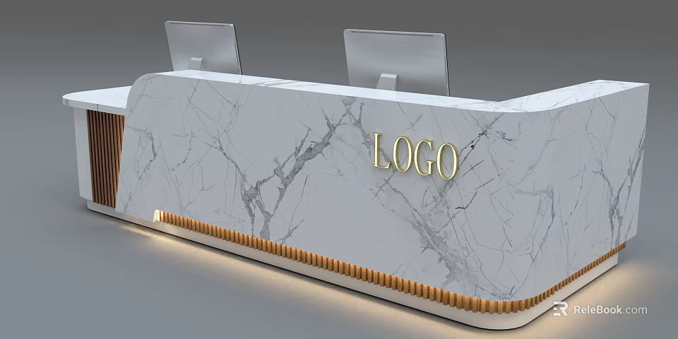 Modern Reception Desk With Marble Surface Golden LOGO Two Monitors And LED Lighting 3d model 