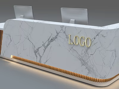 Modern Reception Desk With Marble Surface Golden LOGO Two Monitors And LED Lighting 3d model
