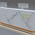 Modern Reception Desk With Marble Surface Golden LOGO Two Monitors And LED Lighting
