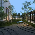 Modern Garden Landscape Design With Curved Pathways Greenery Lighting And Water Feature