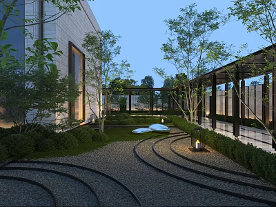 Modern Garden Landscape Design With Curved Pathways Greenery Lighting And Water Feature 3d model