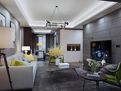 Modern Living Room Interior Design With Gray Sofa Yellow Pillows Coffee Table And Green Chair 3d model