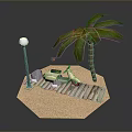 Scooter Parked On Sandy Beach With Wooden Boardwalk Palm Tree And Street Lamp