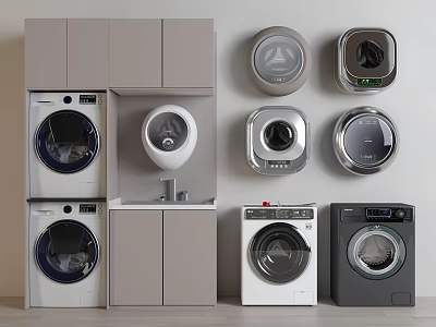 Modern Washing Machines In Various Styles Built In Wall Mounted And Different Colors 3d model
