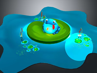 Blue Frog On Green Lotus Leaf In Blue Water With Small Lotus Leaves And Reeds 3d model