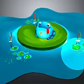 Blue Frog On Green Lotus Leaf In Blue Water With Small Lotus Leaves And Reeds