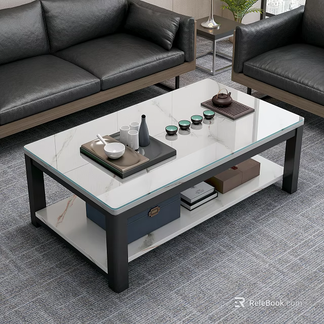 Modern Glass Top Coffee Table with Storage Shelf in Living Room with Black Sofa 3d model 