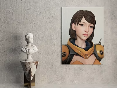 Portrait Painting of Young Woman with Classical Bust on Gray Wall Background 3d model