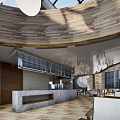 Spacious Restaurant Interior With High Ceiling Skylights Wooden Structure And Large Windows
