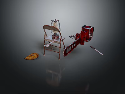 Vintage Chair With Metal Lantern Red Mechanical Device Pancake And Long Tool 3d model