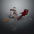 Vintage Chair With Metal Lantern Red Mechanical Device Pancake And Long Tool