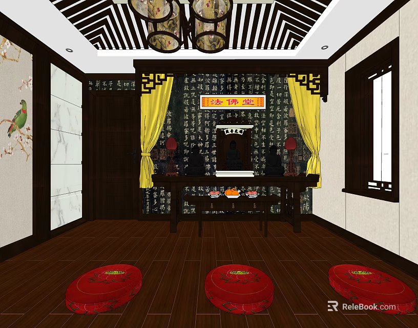 Traditional Chinese Religious Worship Space With Altar Yellow Curtains And Red Cushions 3d model 